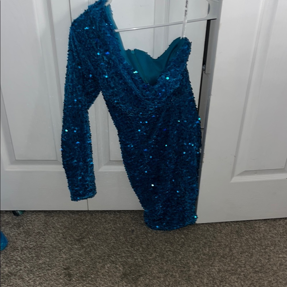 Blue Sequin One-Shoulder Dress